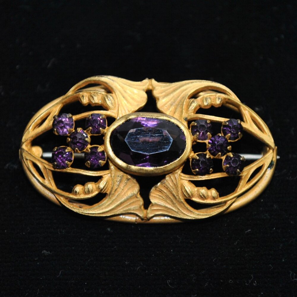 Antique Art Nouveau Brass Brooch with Purple Glass